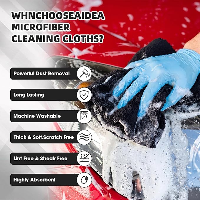 30 Pcs 12.5 x 12.5 Inch Edgeless Microfiber Plush Towels for Cars Detailing Drying Wash Polishing Absorbent Cleaning Cloths, 500 GSM (Black)