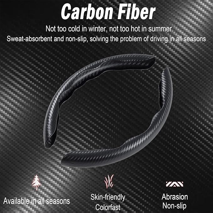 2Pc Carbon Fiber Steering Wheel Cover Universal Fit 99% Cars | Non-slip soft grip, easy to wipe clean, quick to install, perfect for daily commutes and road trips, Black