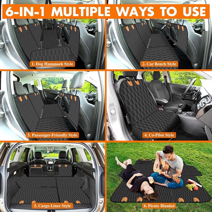 Waterproof Dog Car Seat Cover for Back Seat, Pet Hammock- S, Black/Orange | Durable waterproof hammock with nonslip design & storage pockets. Protects seats from scratches, fits cars, SUVs & trucks.