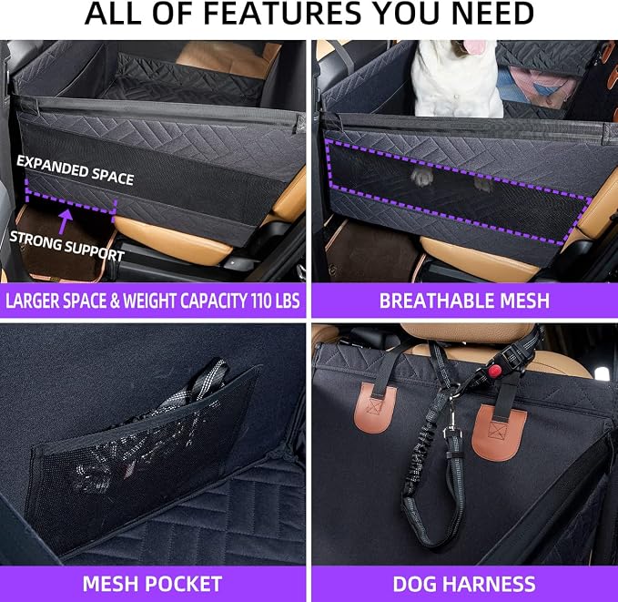 Large Dog Car Seat,Back Seat Extender for Dogs,Waterproof Medium Dog Seat Cover for Backseat, Pet Bed for Car Hammock(Black-L)