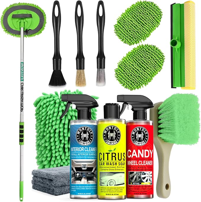 17pc Car Wash Kit, Car Cleaning Kit with Car Wash Brush Long Handle, Car Wash Soap, Interior Cleaner, Wheel Cleaner, Window Squeegee, Car Interior Detailing Kit for Cars Trucks RVs SUVs
