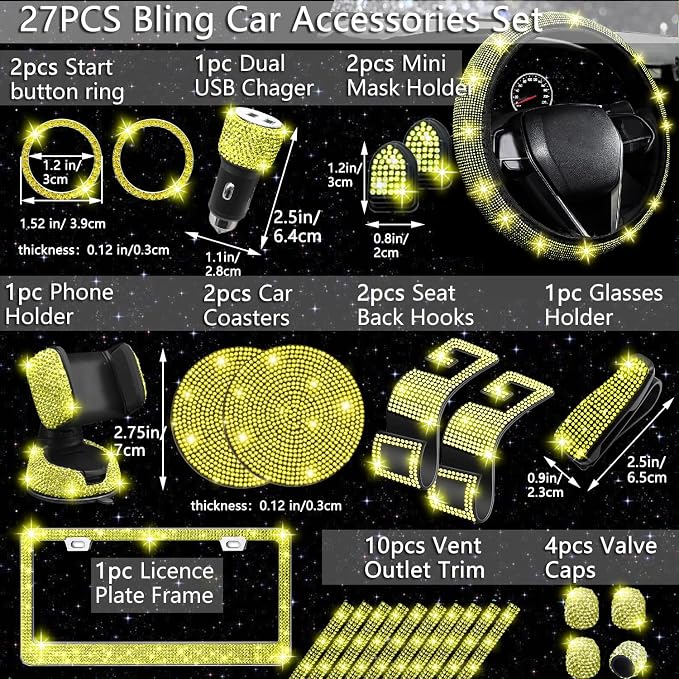 27 PCs Yellow Bling Car Accessories Set for Women, Steering Wheel Covers Universal Fit 15 Inch, Bling License Plate Frame, Bling Phone Holder, Bling Car Coasters (Yellow Diamond)