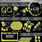 27 PCs Yellow Bling Car Accessories Set for Women, Steering Wheel Covers Universal Fit 15 Inch, Bling License Plate Frame, Bling Phone Holder, Bling Car Coasters (Yellow Diamond)