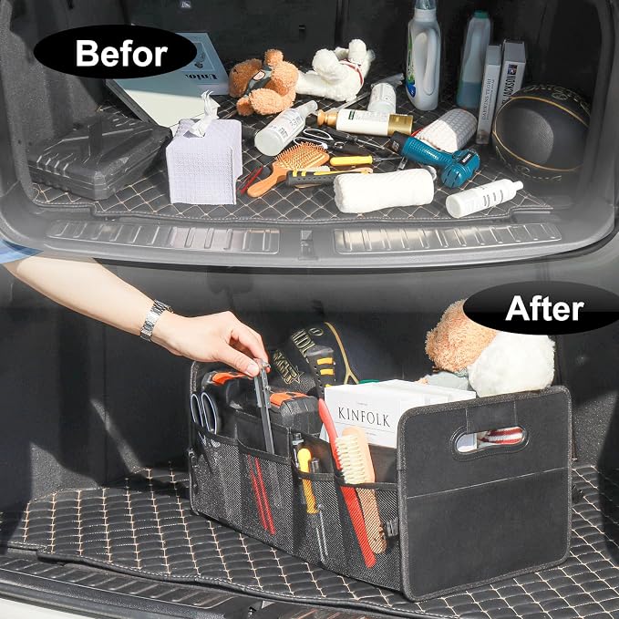 Car Trunk Organizer, Car Organizers and Storage Collapsible Multi Compartment Container Box, Adjustable Car Accessories for SUV Sedan Truck, Standard Size, Black