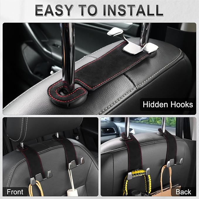 Car Seat Headrest Hook, Premium Suede Double Hook 2 Pack, Universal Hanging Accessories for Purse, Bag, Groceries - Car Interior Accessories (Black)
