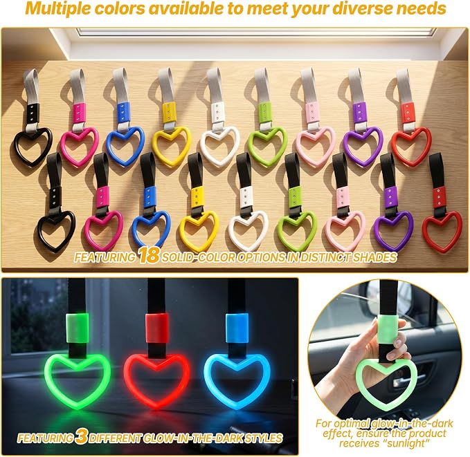 2 Pcs Heart Shaped Car Handle Strap – JD M Drift Charm Rear Bumper Warning Ring Decor for Car Interior Exterior, Subway Bus Handle Accessory, Cute Heart Car Decor Gift for Drivers (Yellow-Silver)