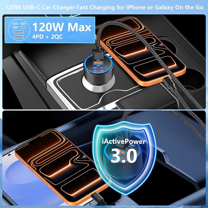 [Apple MFi Certified] iPhone 17 Car Charger, KYOHAYA 6-Port 120W USB-C&USB-A Power Cigarette Lighter Fast Charging PD/QC USB-C Car Charger + Type-C Braided Cord for iPhone 17/17 Pro/16/15/Galaxy/Pixel