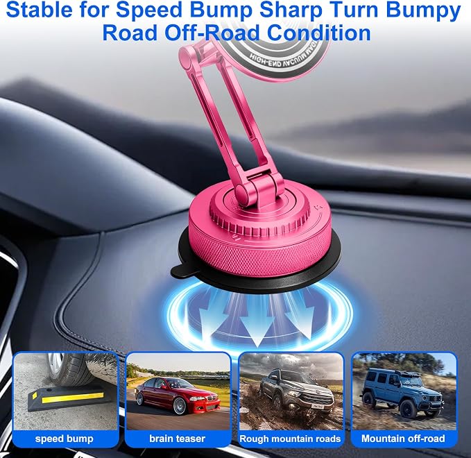 PIEPIE All-Metal Alloy Long Arm Magnetic Suction Cup Car Phone Mount(Pink) | Strong Powerful Magnetic Heavy-Duty Windshield Dash 360° Mechanical Rotation Cell Mobile Phone Vehicle Bracket for All Cars
