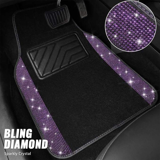 Bling Rhinestones Diamond Car Floor Mat, Crystal Sparkly Shining Glitter Carpet, Waterproof Anti-Slip PVC Heel Pad Universal Fit Interior Set SUV,Sedan,Van,4pcs Girl Women Men Violet Purple