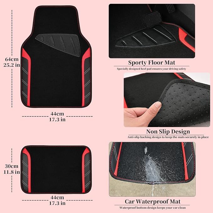 Leather Steering Wheel Cover and Waterproof Car Floor Mats,Microfiber Universal Car Combo Fit for 95% Sedan,SUV,Cars,14.5-15inch Sporty Anti-Slip Safety Comfortable Design(Black＆Red)
