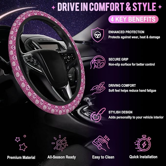 Day of the Dead Sugar Skull Steering Wheel Cover for Women Men Neoprene Breathable Pink Floral Wheel Cover Protector Anti-Slip Car Accessories Universal 15 Inch Fit for Cars Trucks Vehicles