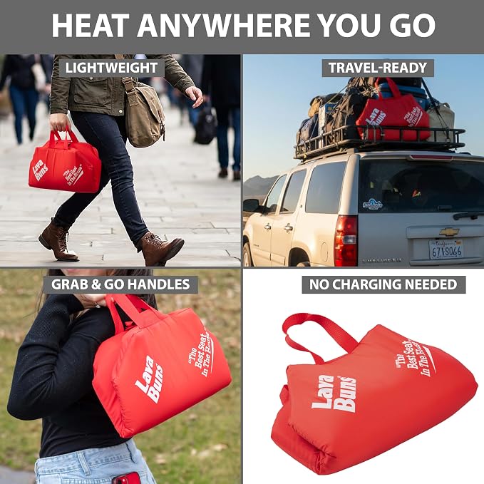Vesture Lava Buns MicroCore Heated Seat Cushion - Cordless Portable Warmer for Office, Car, Home & Outdoor Events - Fast Even Heat - Soft Red Fabric - No Cords No Batteries - Winter Comfort Pad
