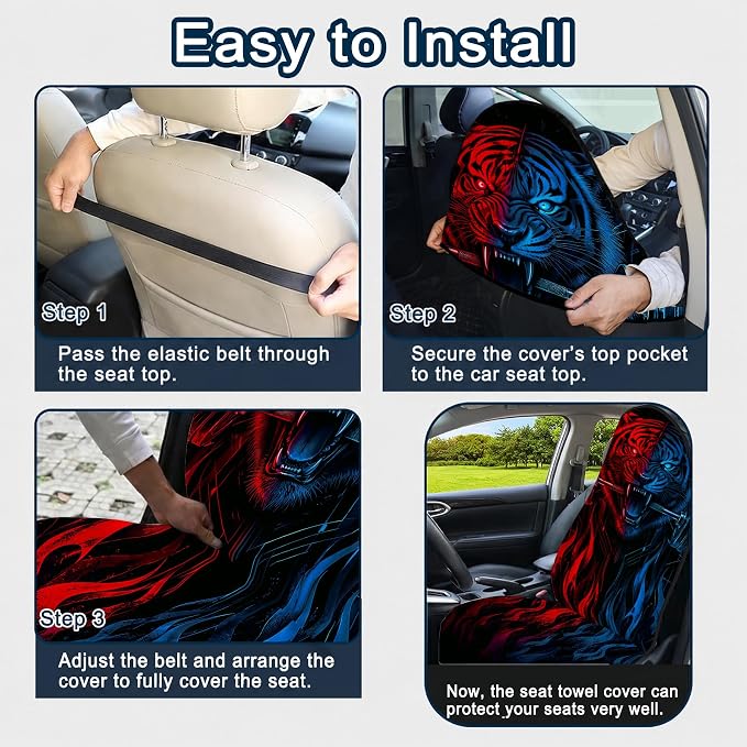 Car Seat Towel Cover 2 Pack for Front Seats, Sweat Absorbent Car Seat Protector with Non-Slip Backing, Waterproof Towel Car Seat Covers for Runners, Gym, Swimming, Beach, Pets, Tiger Strength
