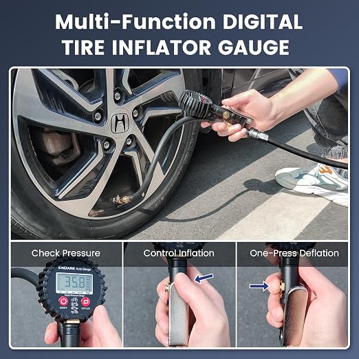Digital Tire Pressure Gauge with Inflator: 250 PSI Air Compressor Attachment Inflation Gun with Heavy Duty 360° Air Chuck & Extended Hose and Quick Connect Coupler