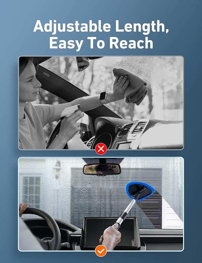 26" Super-Long Windshield Cleaner Tool, Car Interior Window Detailing Cleaning Kit with Extendable Handle and 4 Upgraded Reusable Microfiber Pads, Auto Glass Wiper Brush Kit for Car&Home, Blue