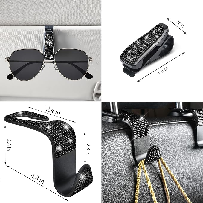 11 PCS Bling Diamond Car Accessories for Women, Sparkly Rhinestone Steering Wheel Cover, Bling Seat Belt Cushion, Glitter Shift Knob Cover, Car Cup Holder Coaster, Cute Interior Sets Black