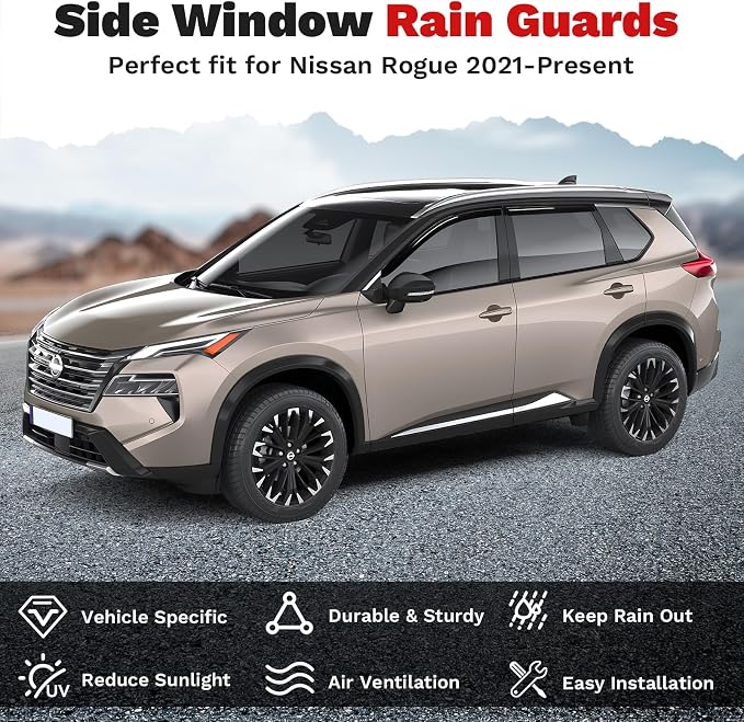 Window Visors Rain Guards for 2021-2025 2026 Nissan Rogue Accessories, Outside-Mount Tape-On Side Window Wind Deflectors Vent Visors Shades Rainproof 4PCS