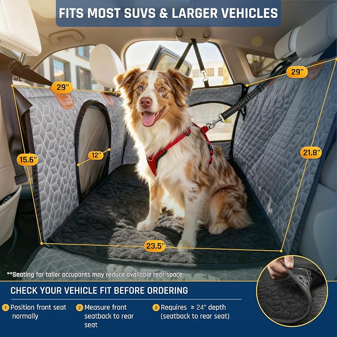 Dog Car Seat for Large Medium Dogs | Waterproof Dog Seat Cover for Back Seat with Hard Bottom | Alloy Twist-Lock Rods | 3 Mesh Windows | Removable Fleece Mat | Cars, SUVs, Trucks (Grey)