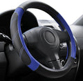 Steering Wheel Cover Leather 14 1/2 to 15 inch Universal Padded Soft Grip Breathable for Car Truck SUV Jeep Anti Slip Blue and Black