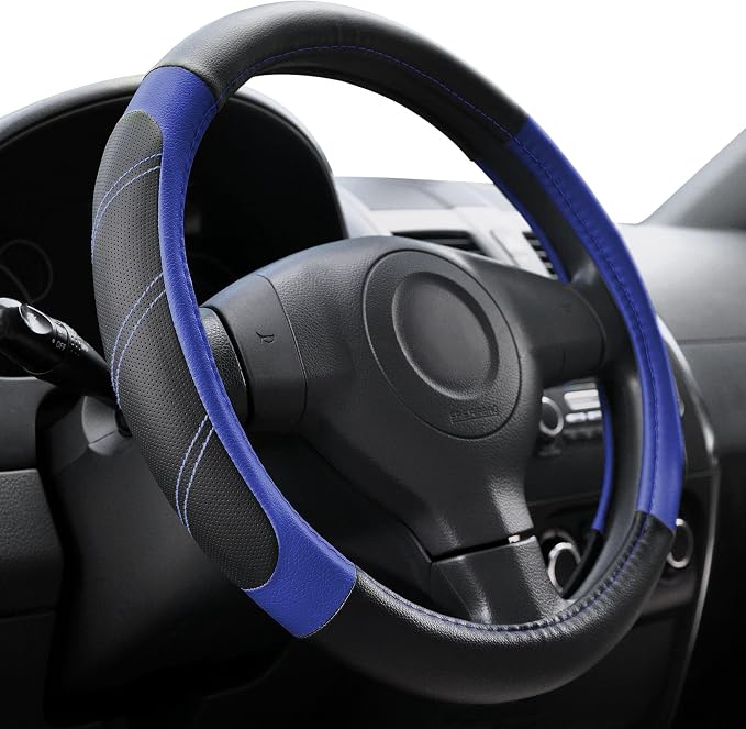 Steering Wheel Cover Leather 14 1/2 to 15 inch Universal Padded Soft Grip Breathable for Car Truck SUV Jeep Anti Slip Blue and Black