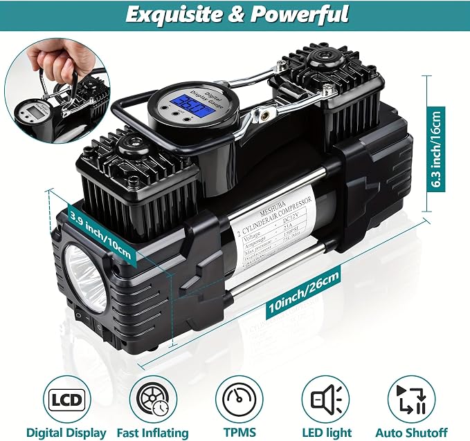 Dual Cylinder Portable Tire Inflator Air Compressor, 150 PSI 12V DC Air Pump with Digital Display, Emergency LED Light, Auto Shut-Off, Heavy Duty