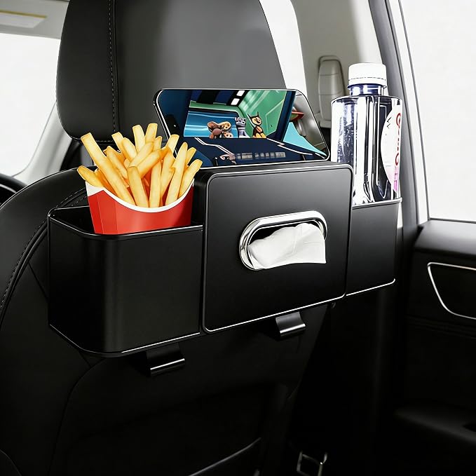 Back Seat Car Organizer, 4+2 in 1 Multifunctional Car Backseat Storage Box with 2 Cup Holders Tissue Box Hook, Car Interior Storage for Travel Phones Snacks Drinks(Black)