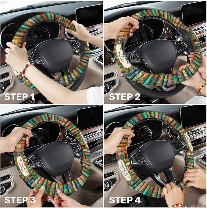 Vintage Classic Books Steering Wheel Cover, Polyester Car Wheel Grip, Universal 15 Inch for Cars SUVs Trucks