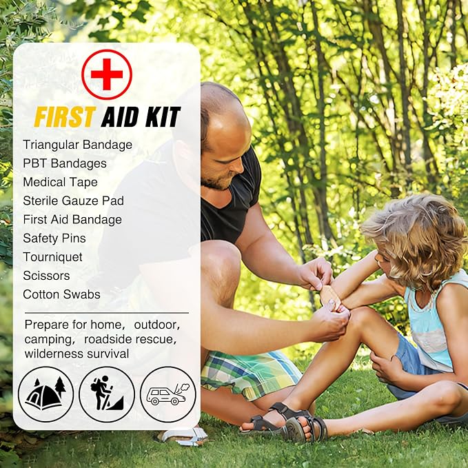 Car Emergency Kit with Jumper Cable, First Aid Kit Safety Assistance Tools for Travel Camping Outdoor Cars Truck SUV RV, Roadside Essentials with Flash Light