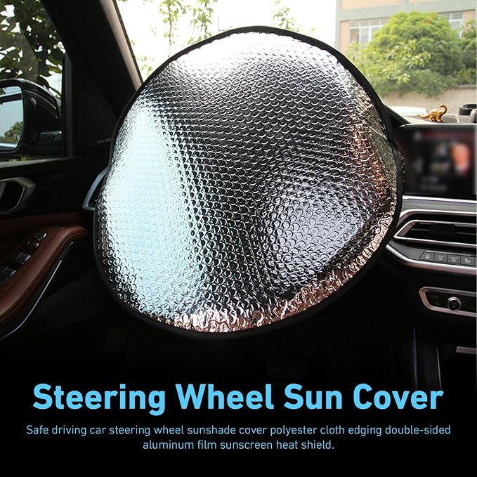 Car Steering Wheel Sun Shade, 18.1" Sun-proof Anti-aging Steering Wheel Sun Cover, Edge-locking Heat-insulated Fully Wrapped Protector, Universal for Most Cars (Silver)