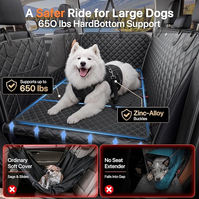 Doglike Dog Car Seat Cover for Back Seat 【650LBS+ Strongest Support Hard Bottom Extender for Heavy-Duty Dogs, Dog Hammock with Detachable Mat, Waterproof Pet Seat Protector for Sedan/SUV/Small Truck