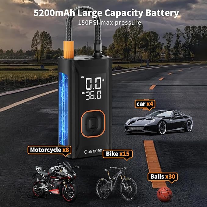 Tire Inflator Portable Air Compressor, 150PSI Portable Air Compressor with Accurate Pressure Gauge E-Bike Inflation Cordless Air Pump for Bike Pump Car Motorcycle Ball