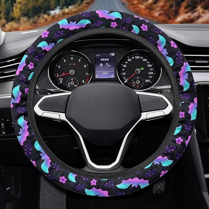 Halloween Steering Wheel Cover for Cars Universal Fit 14 to 15 inch | Bat Flower Print, Universal Stretch-on Fabric, Keep Warm Steering Wheel Protector for Women