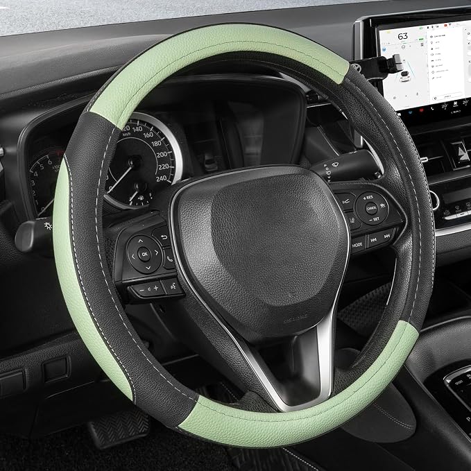 Steering Wheel Cover for Car, Standard Size 14.5-15 inch, Auto Interior Accessories, Black and Pastel Green