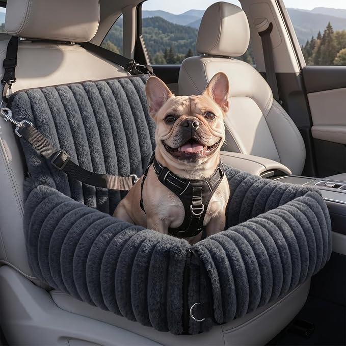 Dog Car Seat for Small/Medium Dogs up to 25 lbs, Multi-Functional Dog Carrier for Car with Detachable Washable Cover, Pet Travel Bed with Clip-On Safety Leash, Grey