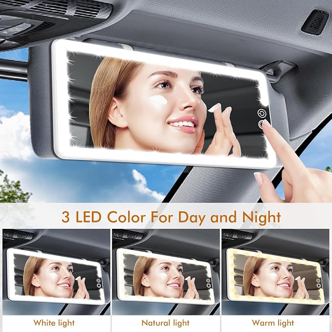 Car Visor Vanity Mirror with Light, Rechargeable Dimmable Touch LED Sun Visor Mirrors, Large Detachable Vanity Makeup Mirror with 3 Color Modes for Truck SUV Car Accessories Essential for Women(White)