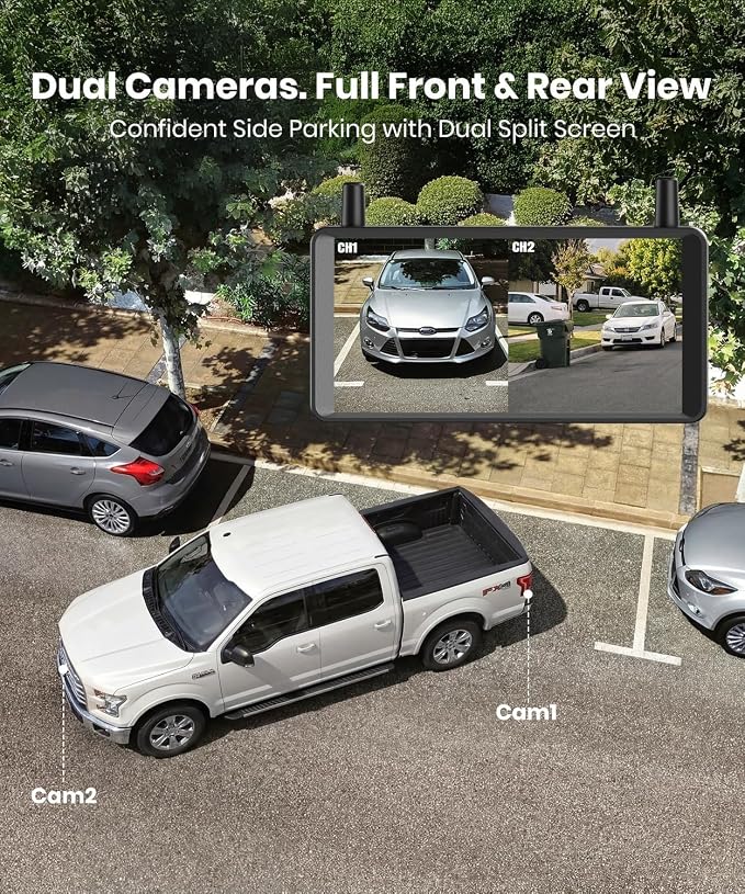 2 Solar Wireless Backup Camera, 6" 16:9 HD Monitor | Dual Antenna Strong Signal, Split Screen View for Balanced Dual Views, DVR Recording Back Up Camera for Car,SUV,Truck,Trailer