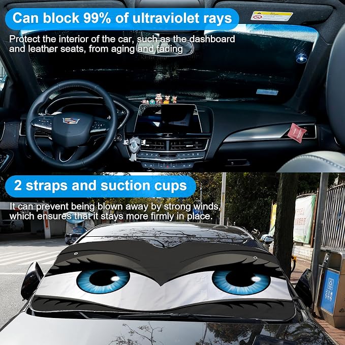 Big Eyes Foldable Windshield Snow Cover, Reflective Accordion Car Windshield Snow Cover, Sun Visor for Car Windshield, Ultimate Heat & UV Protection, Suitable for Most Cars, 57.1" L x 27.6" W