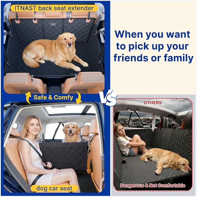 Convertible Back Seat Extender for Dogs, Foldable 400lbs Hard Bottom Dog Car Seat Cover for Back Seat, Waterproof Dog Hammock Bed Backseat Cover for Dogs in Car SUV Truck Pet Seat Cover Black L