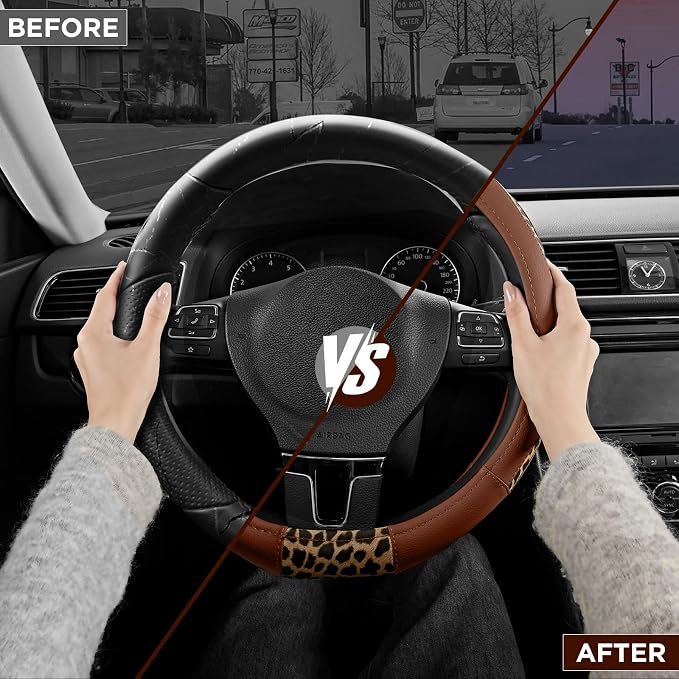 Steering Wheel Cover - Flat Bottom Wheel Cover Made with PVC Leather and Leopard Fabric - Universal Fit for 15-Inch D-Shaped Automotive Steering Wheels (Brown Color)
