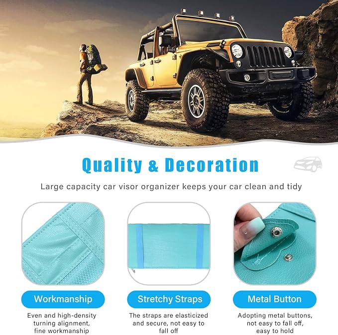 Car Sun Visor Organizer, Leather Personal Belonging Storage Pouch with Zipper, Car Visor Storage Pouch Sunglasses Holder, Auto Interior Accessories Pocket Organizers (Blue)