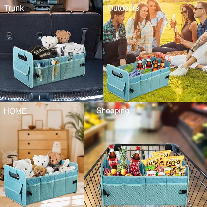 Car Trunk Organizers and Storage for SUV, Collapsible Multi Compartment Container Box Adjustable Car Accessories for Women Men, Lake Blue