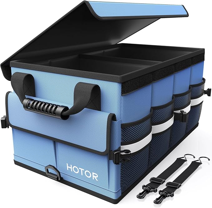 Car Trunk Organizer - Foldable Trunk Organizer for SUV, Car Storage with Reflective Strips & Securing Cover, Large Capacity Car Accessories for Truck, Van & Sedan, Blue, 22.1" x 12.6" x 11.0"