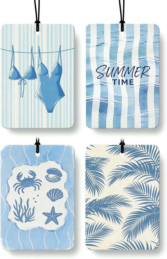 Blue Coastal Summer Car Air Freshener 4 Pcs Coconut Scented, Blue Ocean Bikini Beach Car Accessories Mirror Decor for Women, Girly Beachy Hanging Air Freshener for Cars Closet Drawer Books