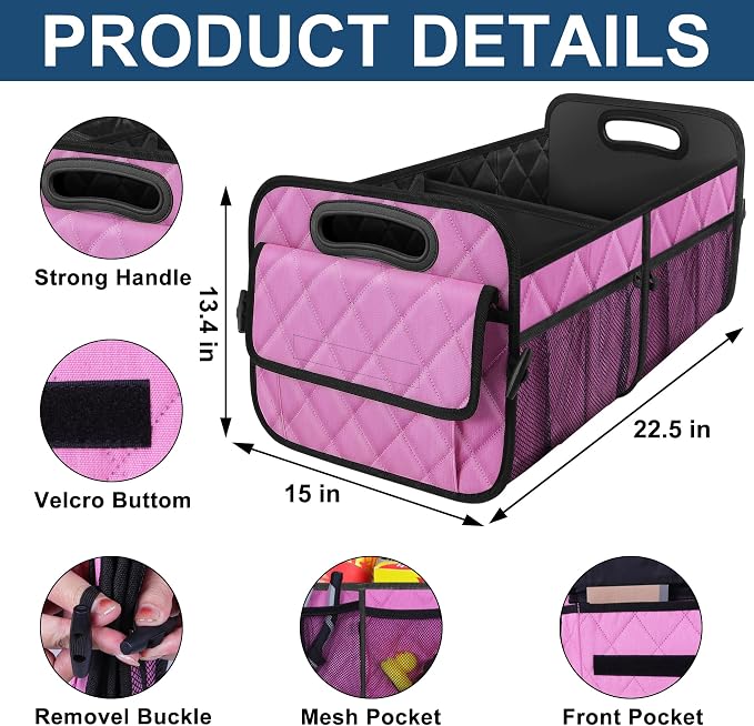 Car Trunk Organizer for SUV, Car Organizers and Storage with Reinforced Handles, Car Accessories for Women/Men 70L Waterproof Polyester Trunk Organizer(Large, Pink)