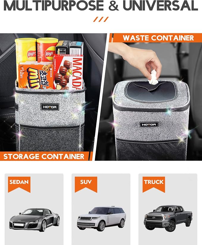 Car Trash Can with Lid and Storage Pockets - 100% Leak-Proof Organizer, Waterproof Garbage Can, Multipurpose Trash Bin for Car, 2 Gallons, Sparkle White