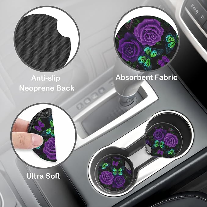 Purple Rose and Butterfly Steering Wheel Cover for Women, Anti-Slip Car Steering Wheel Cover with 2 Pcs Cup Holders Neoprene Breathable Car Accessories Universal 15 Inch Auto Interior Decor