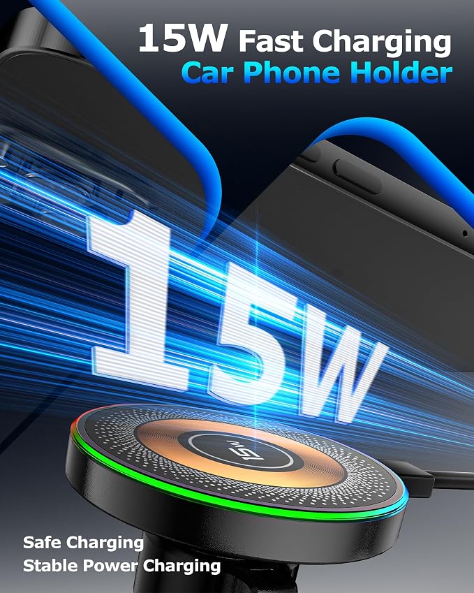 Magnetic Wireless Charging Car Phone Holder with 15W Fast Charging & Strong Vacuum Suction, 360° Rotatable Dashboard & Windshield Mount for Magsafe iPhone 17/16/15/14/13 Android Galaxy S24/S23/S22
