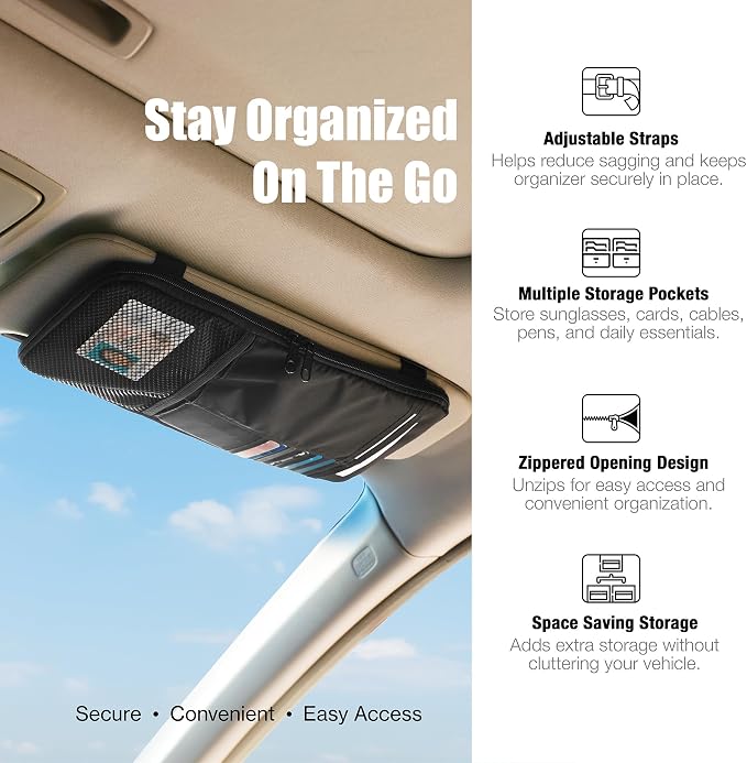 Car Visor Organizer – Non-Sag Adjustable Straps – Nylon Sun Visor Storage Pouch with Card Holders, Pen Slots & Mesh Pockets – Universal Fit for Most Cars, Trucks & SUVs | Non-Sag Design