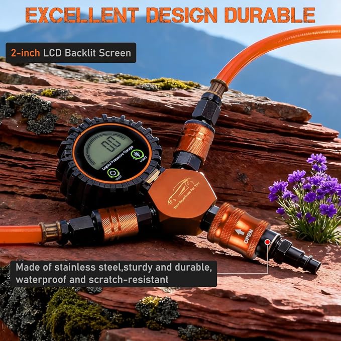 4 Tire Inflation Deflation System W/300PSI Digital Pressure Gauge | Fits up to 200" Wheelbase, Plastic Carry Box & Heavy Duty Hoses, Fits Truck, Car, Trailer, Motorcycle Offroad Vehicles,Orange