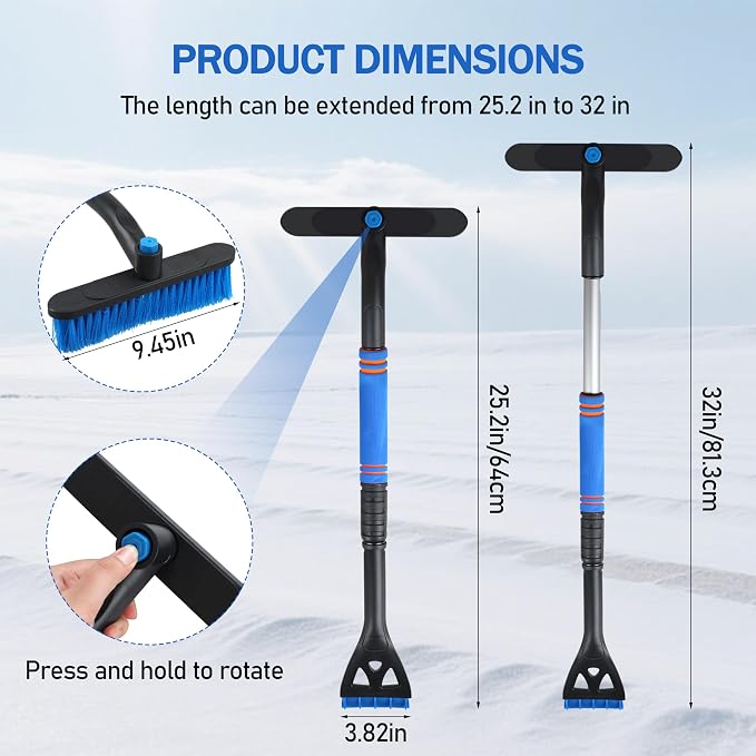 Car Snow Brush Ice Scraper, 32in Extendable, Windshield | 9.45in brush head, 3.82in scraper with ice chippers, 32in extendable, foam grip, easy storage